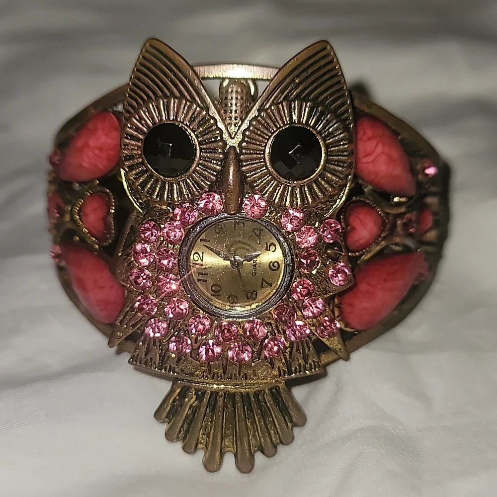 Pink Crystal‎ Owl Bangle Hinged Clamp Watch Bird Raptor Owl Pink Bronze Black